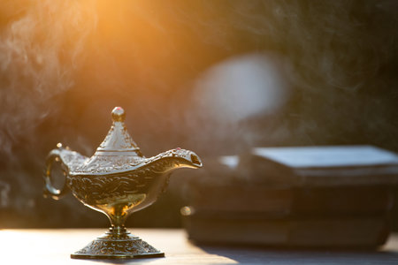 Ramadan Kareem festive greeting card for Muslim holy month with Aladdin lamp of wishes and Quran