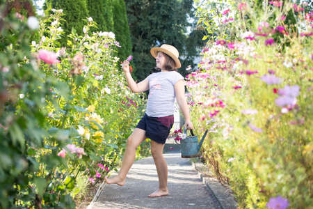 Adorable little girl having fun in summer flower garden.の写真素材