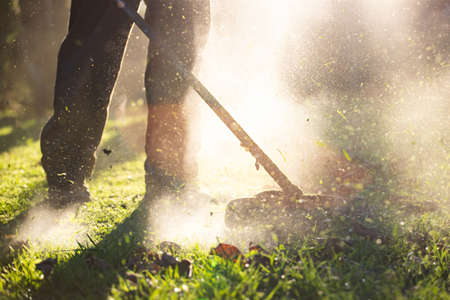 Mowing the grass with a lawn mower. Garden work concept background.