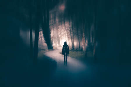Horror background of a ghostly figure in enchanted a forest on a moody, foggy night. Halloween conceptの写真素材