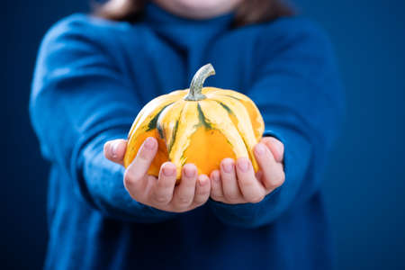 Happy Halloween! Girl holding pumpkinの写真素材