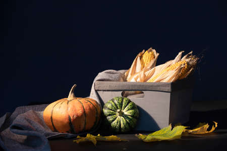 Rustic autumn still life with pumpkins and a basket on a wooden table. Halloween and Thanksgiving...