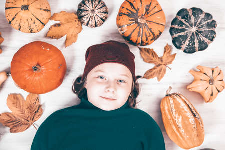 Little toddler girl lying among squash. Thanksgiving holiday season.の写真素材