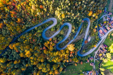 Aerial view of curving road through colorful autumn forest