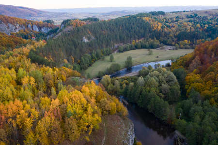 Aerial drone view of Crisul Repede river, near to Ungurul Mare cave. Apuseni mountains, Bihor,...