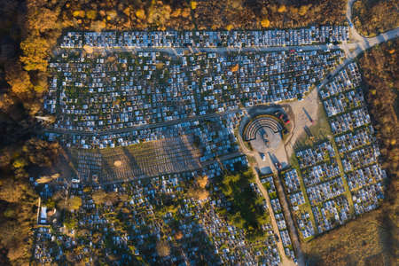 Aerial drone view of cemetery and graves. Graveyard, view from above.の写真素材