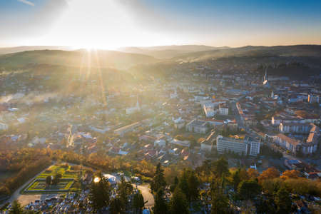 Arial drone view of Dej city, Romania in the sunsetの写真素材