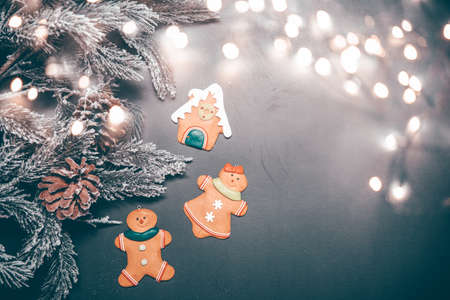 Christmas holidays with snowy branches and gingerbread cookies and space for textの写真素材