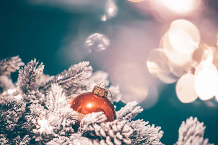 Magic holiday background with christmas ball, bokeh lights and fir branchの写真素材