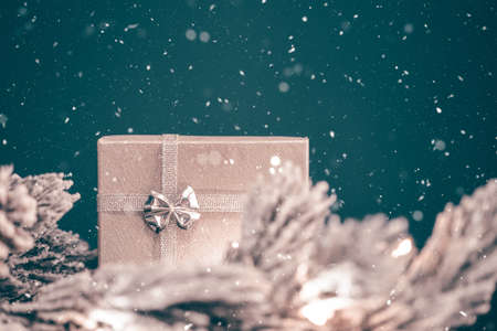 Vintage Christmas background with silver gift box and fir branchの写真素材