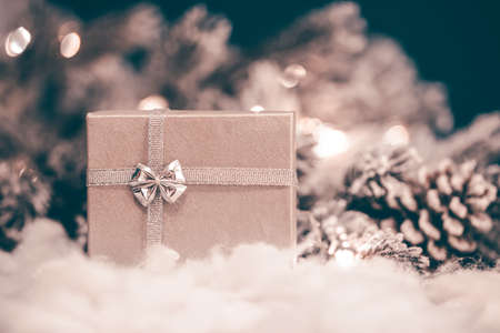 Vintage Christmas background with silver gift box and fir branchの写真素材