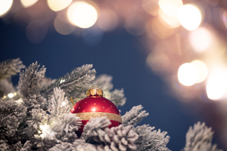 Magic holiday background with christmas ball, bokeh lights and fir branchの写真素材