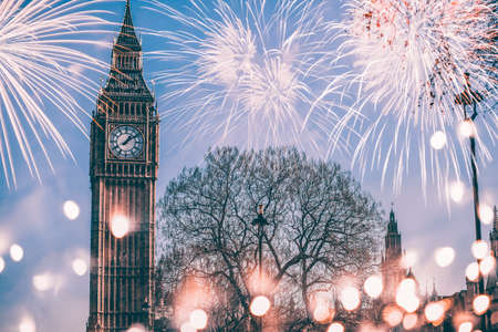 Big Ben with fireworks - celebrating the New Year in Londonの写真素材
