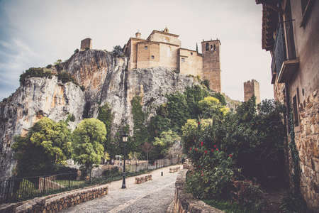 View of the typical spanish medieval village of Alquezar above Vera river in Aragon region, Huesca, Spainの写真素材