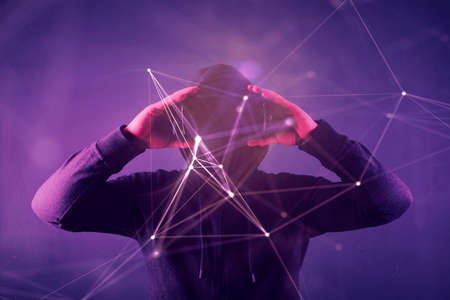 Metaverse digital cyber world technology. Man with VR glasses  playing AR augmented reality game and entertainment.NFT game futuristic lifestyleの写真素材