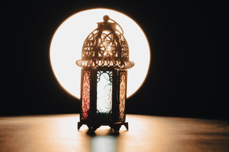 Ramadan Kareem background. Ornamental Arabic lantern glowing at nightの写真素材