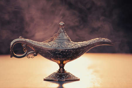 Ramadan Kareem festive greeting card for Muslim holy month with Aladdin lamp of wishesの写真素材