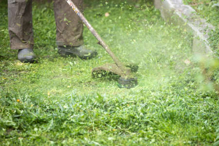 Mowing the grass with a lawn mower. Garden work concept background.