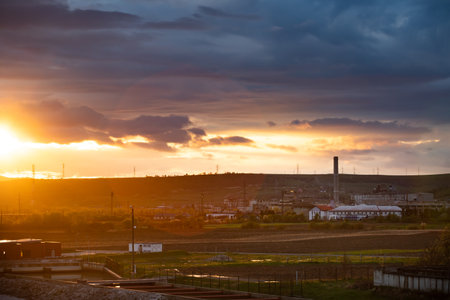 Industrial zone in Romania, near Dej, in beautiful sunset light.の写真素材