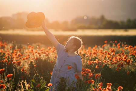 Cute little girl having fun in a poppy field in magic sunset.