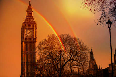 Extreme heat in London. Big Ben in Westminster, London on a fiery sunny day.の写真素材