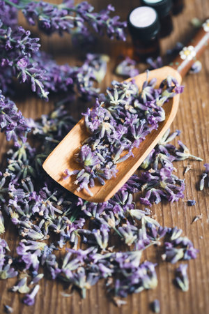 Wooden scoop of fresh lavender flowers on wooden rustic table. Aromatherapy, spa, massage concept.の写真素材