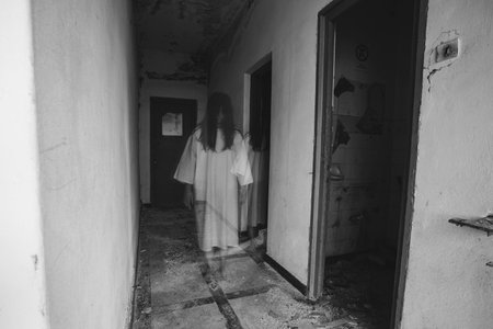 Ghost in abandoned, haunted house. Horror scene of scary spirit of a woman, halloween concept.の写真素材