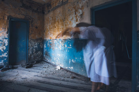Ghost in abandoned, haunted house. Horror scene of scary spirit of a woman, halloween concept.の写真素材