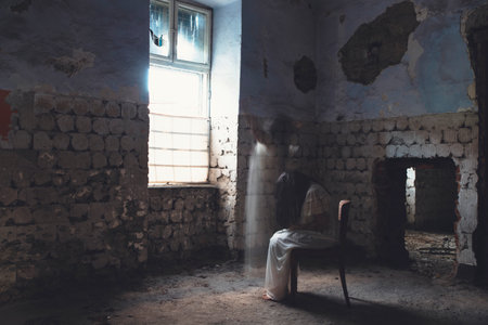 Ghost in abandoned, haunted house. Horror scene of scary spirit of a woman, halloween concept.の写真素材