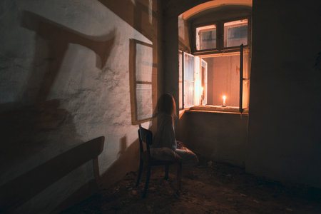 Ghost in abandoned, haunted house. Horror scene of scary spirit of a woman, halloween concept.の写真素材