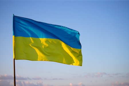 Detail of the national flag of Ukraine waving in the wind on a clear day. Democracy and politics.の写真素材