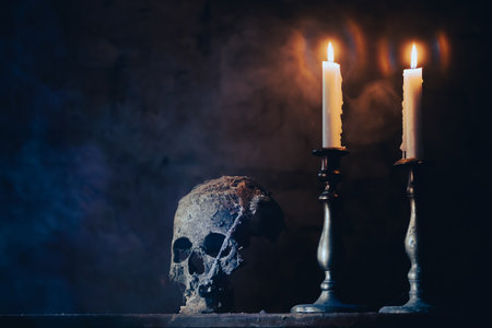 Real human skull with candles in the darkness. Spooky, horror wallpaper for Halloween.の写真素材