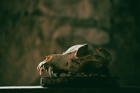 Skull of a dog in mysterious, foggy light. Spooky, horror wallpaper for Halloween.の写真素材