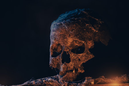Real human skull in mysterious, foggy light. Spooky, horror wallpaper for Halloween.の写真素材