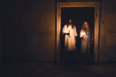 Ghosts in abandoned, haunted house. Horror scene of scary spirit of a couple, halloween concept.の写真素材