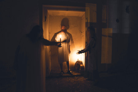 Ghosts in abandoned, haunted house. Horror scene of scary spirits, halloween concept.の写真素材