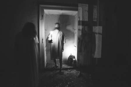 Ghosts in abandoned, haunted house. Horror scene of scary spirits, halloween concept.