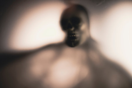 Horror skeleton or grim reaper behind the matte glass. Halloween festival concept.Blurred pictureの写真素材