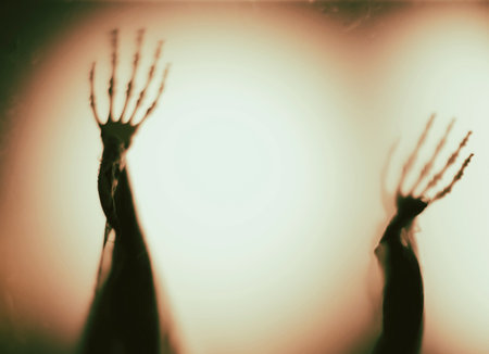 Horror skeleton or grim reaper behind the matte glass. Halloween festival concept.Blurred pictureの写真素材