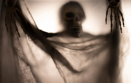 Horror skeleton or grim reaper behind the matte glass. Halloween festival concept.Blurred pictureの写真素材