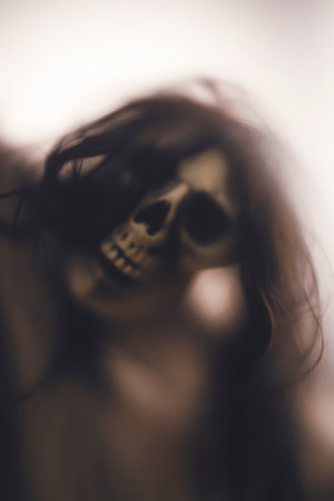 Horror skeleton or grim reaper behind the matte glass. Halloween festival concept.Blurred pictureの写真素材