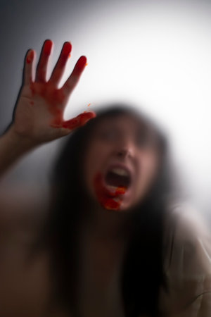 Horror ghost woman with blooded hands behind the matte glass. Halloween festival concept.の写真素材