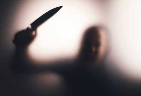 Horror, halloween background - Shadowy figure behind glass holding a knifeの写真素材