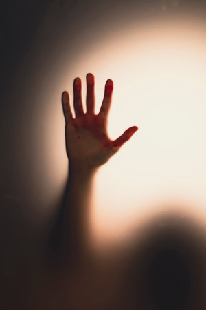 Horror, halloween background - Shadowy figure hand with blood behind glassの写真素材