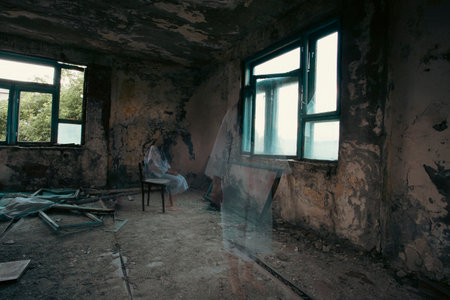 Ghost in abandoned, haunted house. Horror scene of scary spirit of a woman, halloween concept.の写真素材