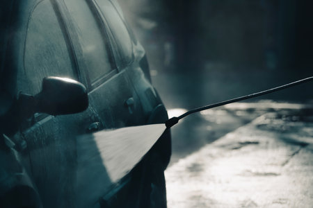 Car wash with pressurized water in car wash outside.の写真素材