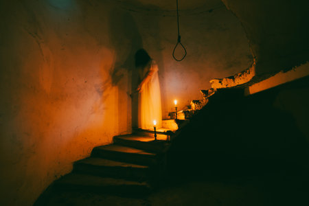 Ghost in abandoned, haunted house. Horror scene of spooky silhouette holding old axe, halloween concept.の写真素材
