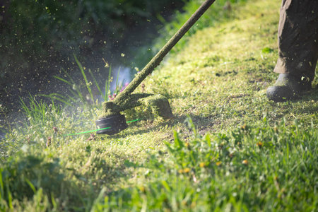 Mowing the grass with a lawn mower. Garden work concept background.の写真素材