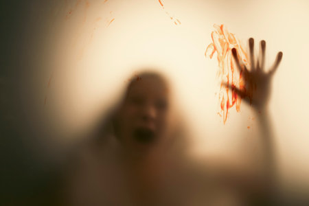 Horror ghost girl with blood on her hand behind the matte glass. Halloween festival concept.の写真素材