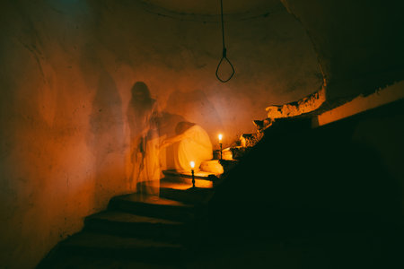 Ghost in abandoned, haunted house. Horror scene of spooky silhouette holding old axe, halloween concept.の写真素材